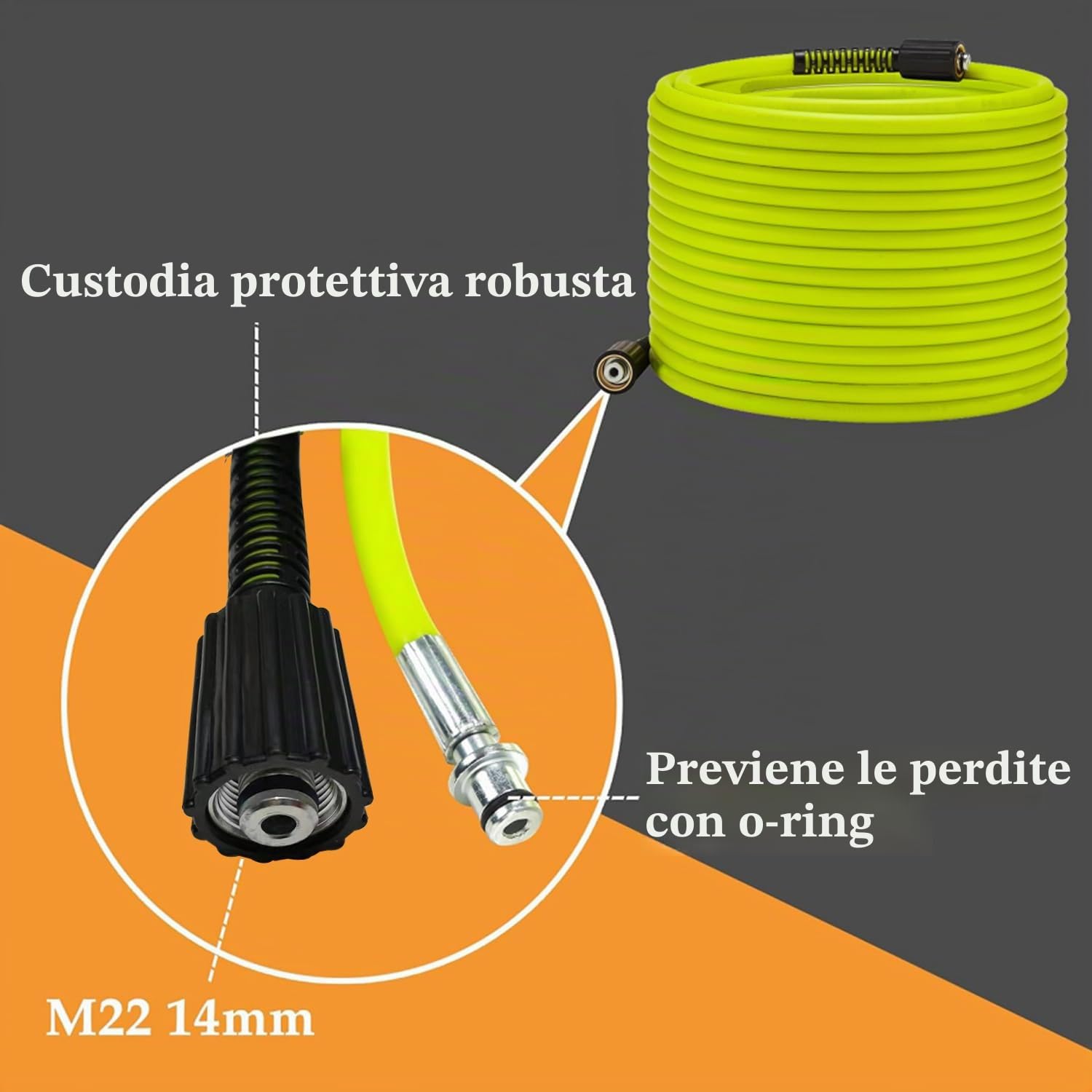 Tubo per Idropulitrice,15 m x 0.6 cm,con 5 pezzi Connettore Rapido in Acciaio Inox,con Raccordi M22 da 14 mm - 3600 psi