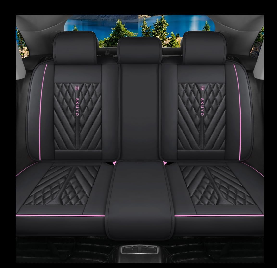 Comfortable Leather Auto Car Seat Covers Front & Rear Seat Protector Fit Sedan SUV 5 Seats Full Set Universal Fit. (Black & Pink)
