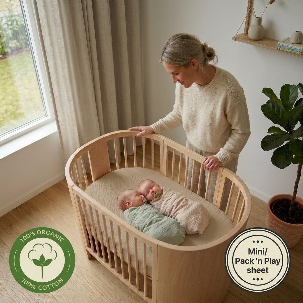 Mini Crib Sheets - Organic Cotton Muslin Fitted Crib Sheet Fitted for Pack and Play - Ultra-Soft and Breathable Crib Sheets for Boys and Girls (Mini Fog/Stripe)