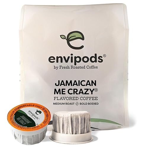 Fresh Roasted Coffee, Jamaican Me Crazy - Envipods compostables con sabor a tostado, tostado medio, Kosher, 12 unidades, para cafeteras Keurig K Cup