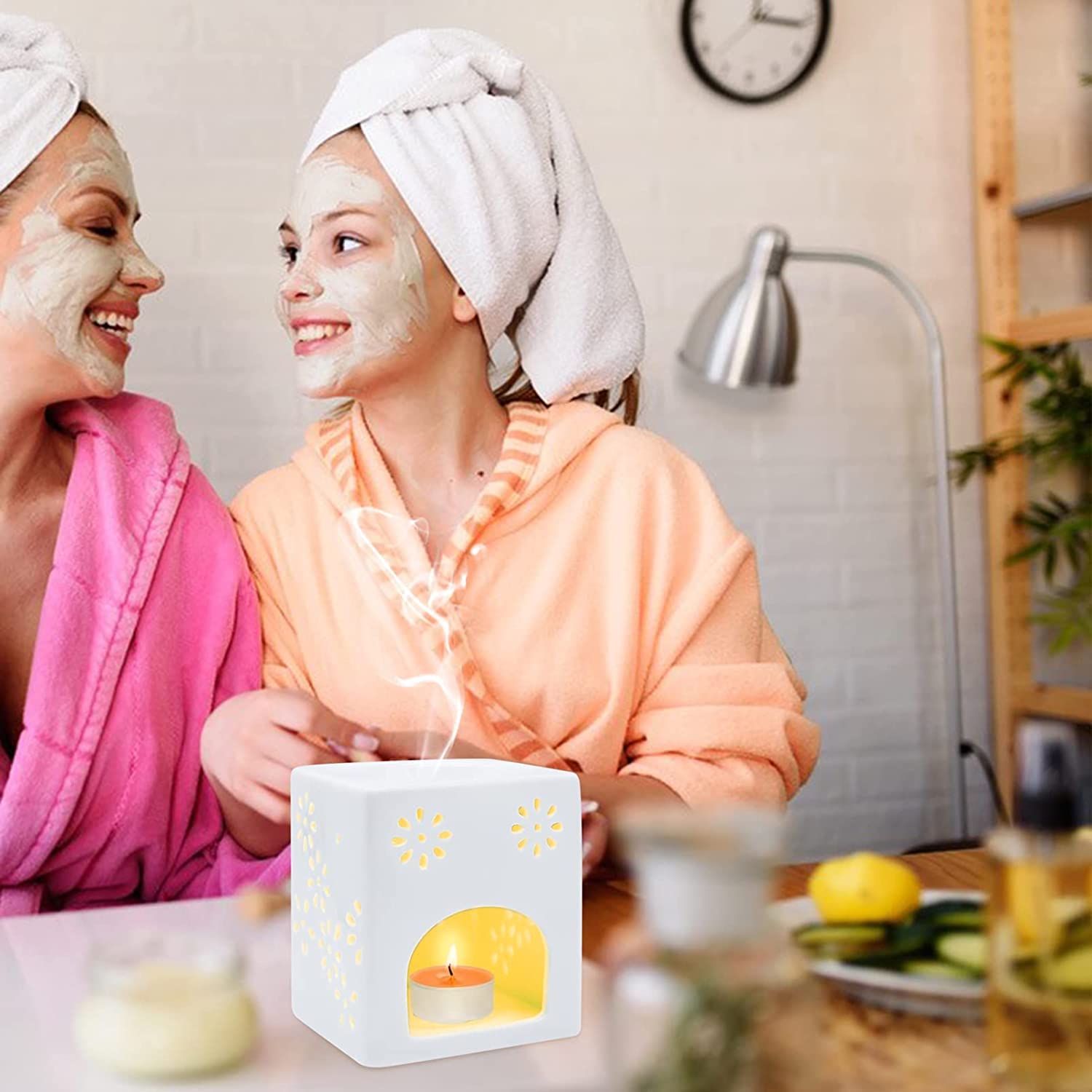 AAPIE Brûleur de Cire en céramique Chauffe-Cire de Bougie carrée avec Motif de Fleur Chauffe-Cire Lampe à Huile Essentielle pour la décoration intérieure Spa Yoga