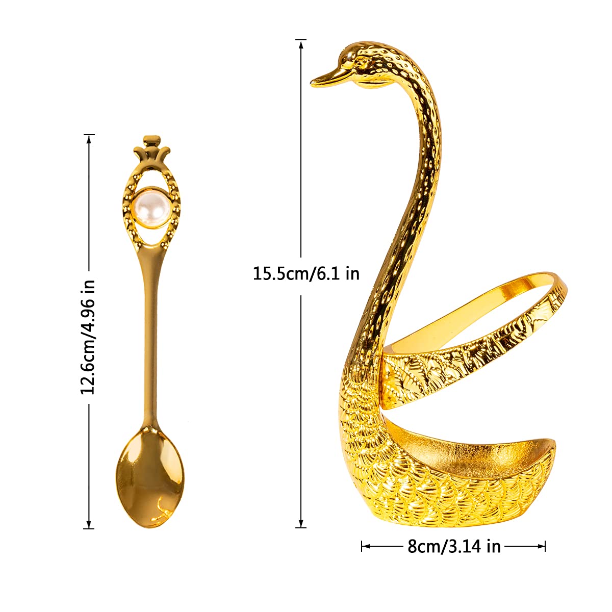 Set di cucchiaini da caffè, base a forma di cigno in metallo con 6 cucchiaini da caffè, cucchiaini, dessert, gelato, torta (dorato)