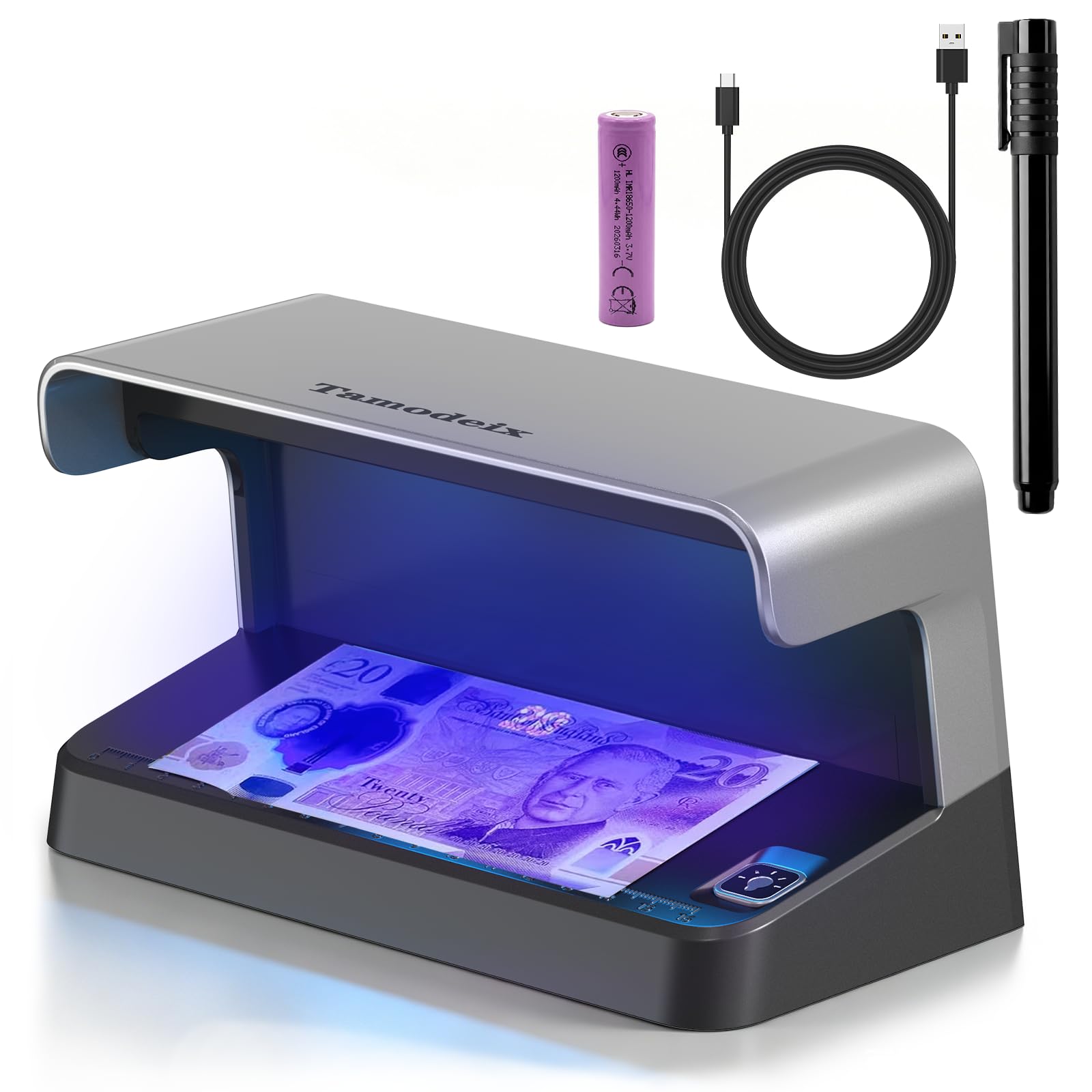 Tamodeix Counterfeit Money Detector with Money Checker Pen Bundle, Auto On Off Sensor, Rechargeable Battery, USB-C Charging for Retail & Business Use NX-116