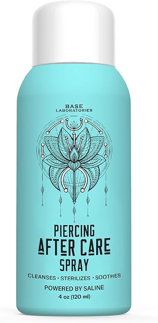 Base Labs Piercing Aftercare Spray | 4oz | Piercing Cleaning Solution | Cleanses, Sterilizes & Soothes | Piercing Aftercare Spray - Saline Solution for Ears, Nose, Body, Belly Piercings | 120ml