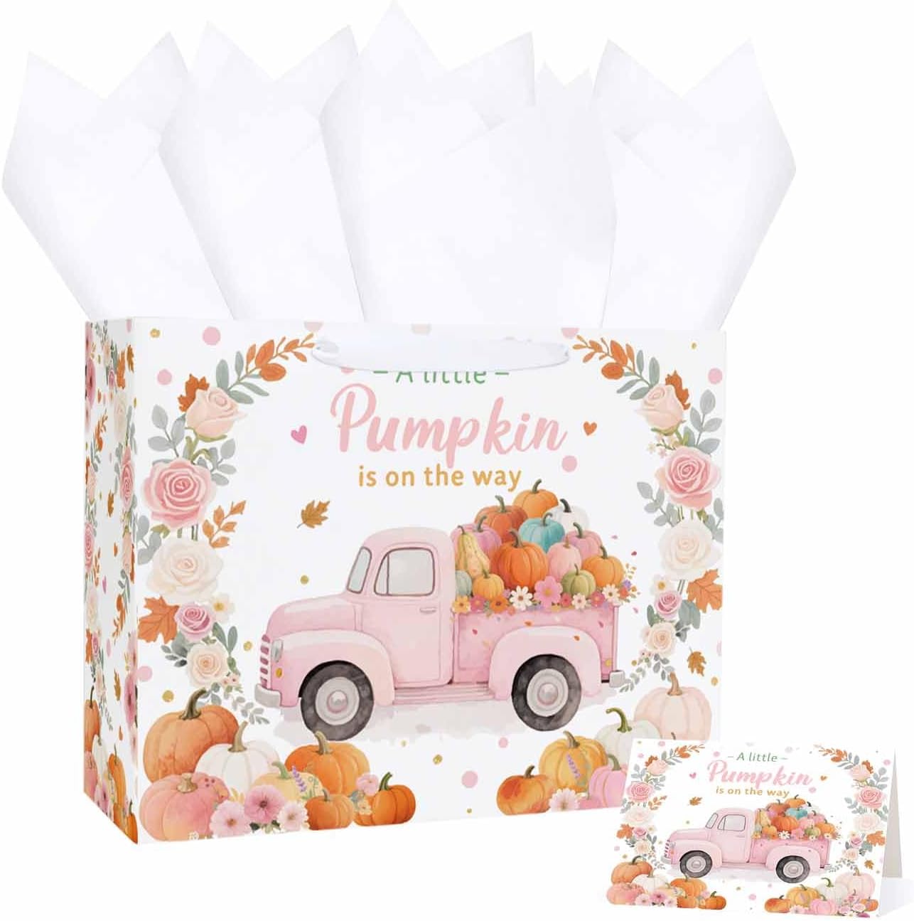 MUNILAIL 13 Inch Pink Little Pumpkin Gift Bag with Handle Tissue Paper and Greeting Card Large A Little Pumpkin Is On The Way Gift Bag for Fall Baby Shower Thanksgiving Decorations
