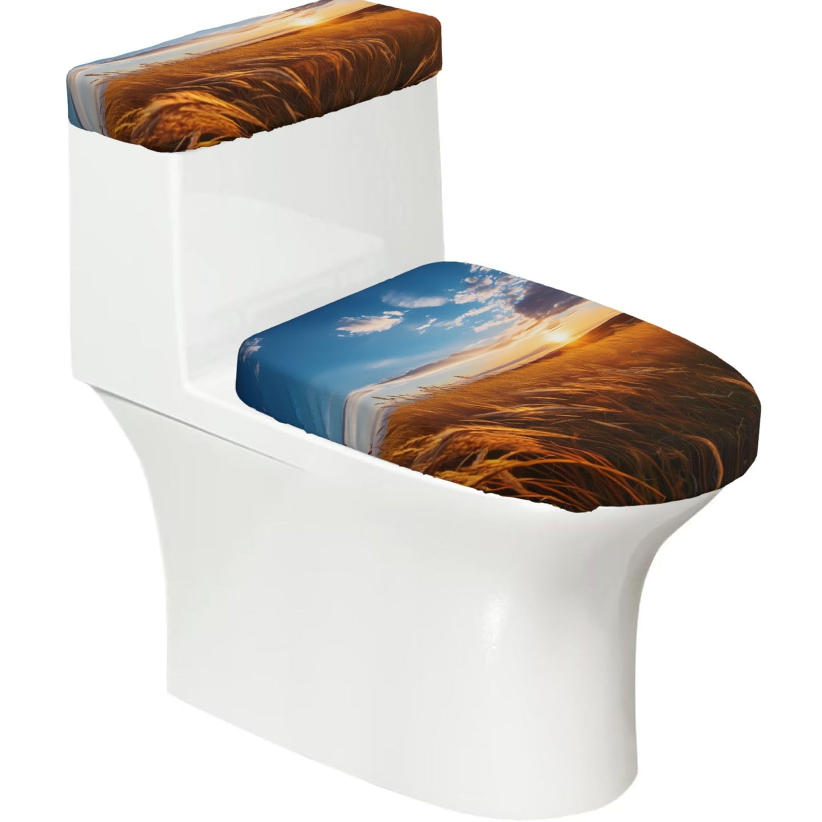 Mrowyc Black Wheat Wave 2-Piece Toilet Seat & Tank Lid Cover Set - Elastic Stretch Design - Universal Fit For U-Shape-O-Shape-Elongated Toilets - Functional Bathroom Decor & Housewarming Gift