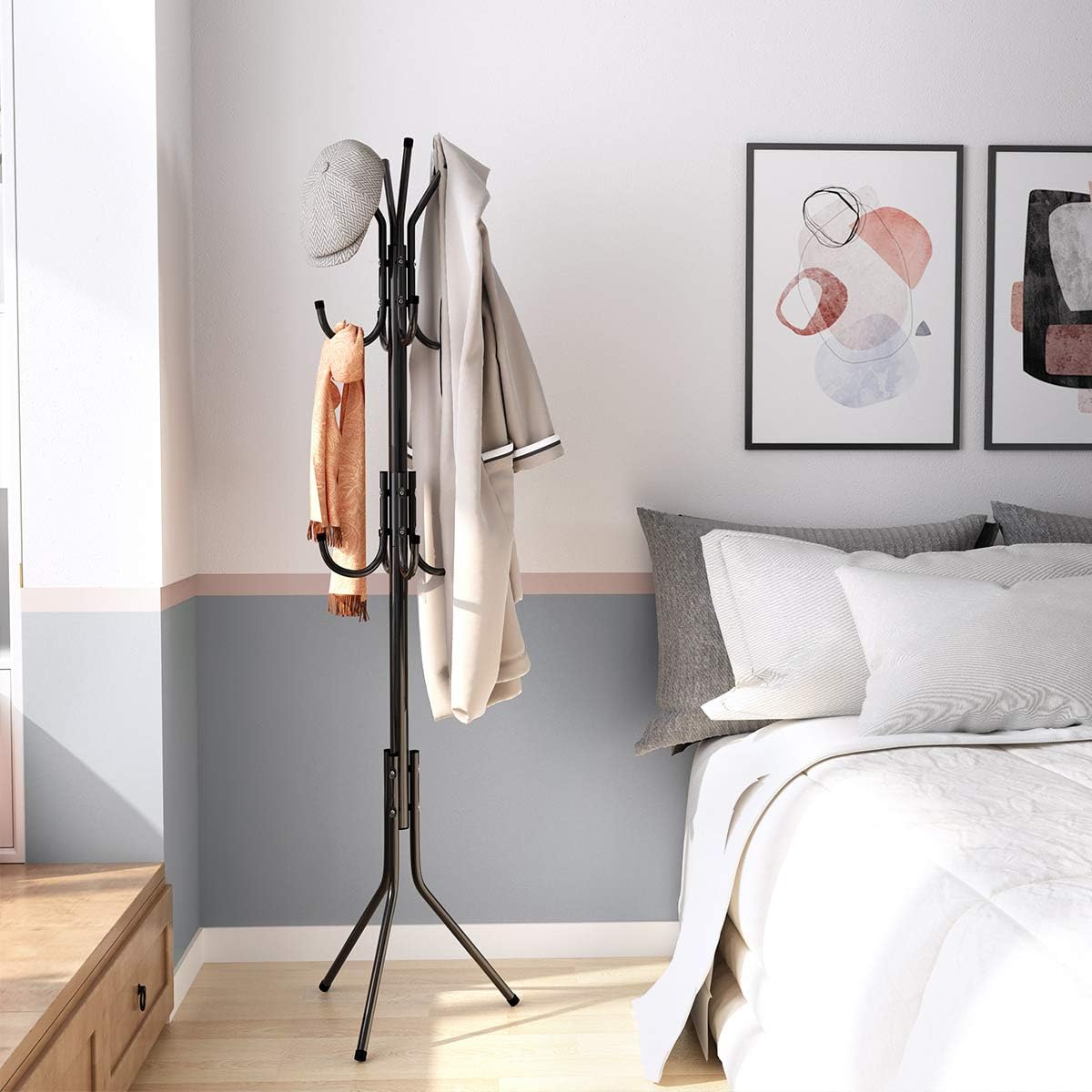 LANGRIA Standing Entryway Coat Rack Coat Tree Hat Hanger Holder 11 Hooks Jacket Umbrella Tree Stand Base Metal (Black)