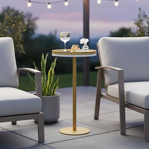 Miniatura 2 de Mesa Martini, pequeña mesa redonda para bebidas con base pesada, moderna mesa auxiliar de pedestal blanco y dorado con borde superior de bandeja