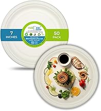 EATONS Bagasse Disposable Plates [7 inch, 50 Pack] I Eco Friendly Biodegradable Sugarcane Paper Plates | Appetizer Plate I Quarter Plate I Serve Snacks I Birthday, Wedding, Party I Round I White