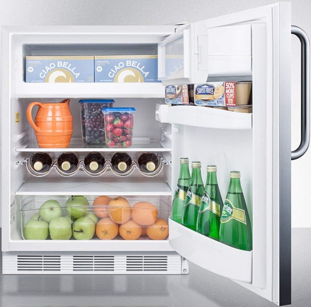 Summit Appliance CT661WSSTBADA 24" Wide Refrigerator-Freezer, ADA Compliant; 5.1 cu.ft.; Cycle Defrost; Stainless Steel Wrapped Door; Wine Shelf: Towel Bar Handle and White Cabinet