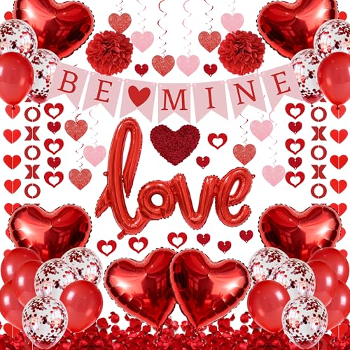 67Pcs Red Valentine's Day Decoration Set, BE MINE Banner, Foil Love Balloons, Love Heart XO Garlands, 500Pcs Rose Petals, Hanging Swirls, Pre-Assembled Set for Party Home Wedding Classroom Office