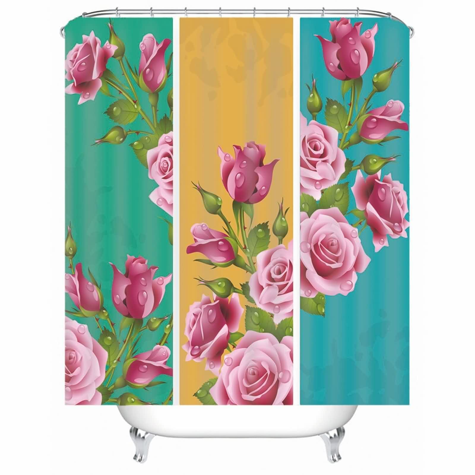 Rideau de douche rose à fleurs avec anneaux en tissu lavable de qualité