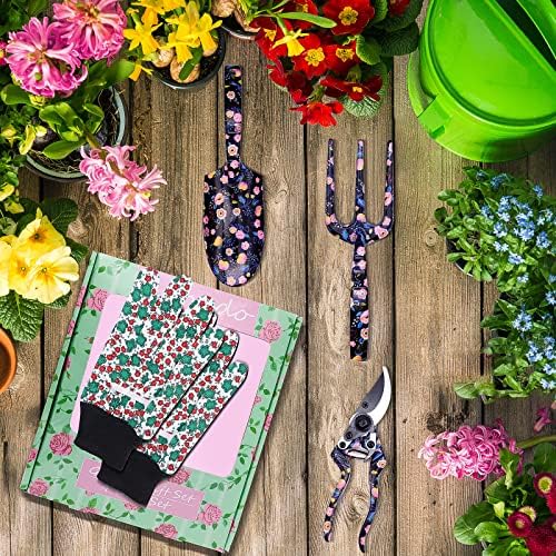 Gardening Gifts for Women, Ranedo Garden Tools Set with Floral Pattern, Secateurs and Gloves Gift Set, Outdoor Floral Gardening Tools for Gardener, Birthday for Mum Women Black