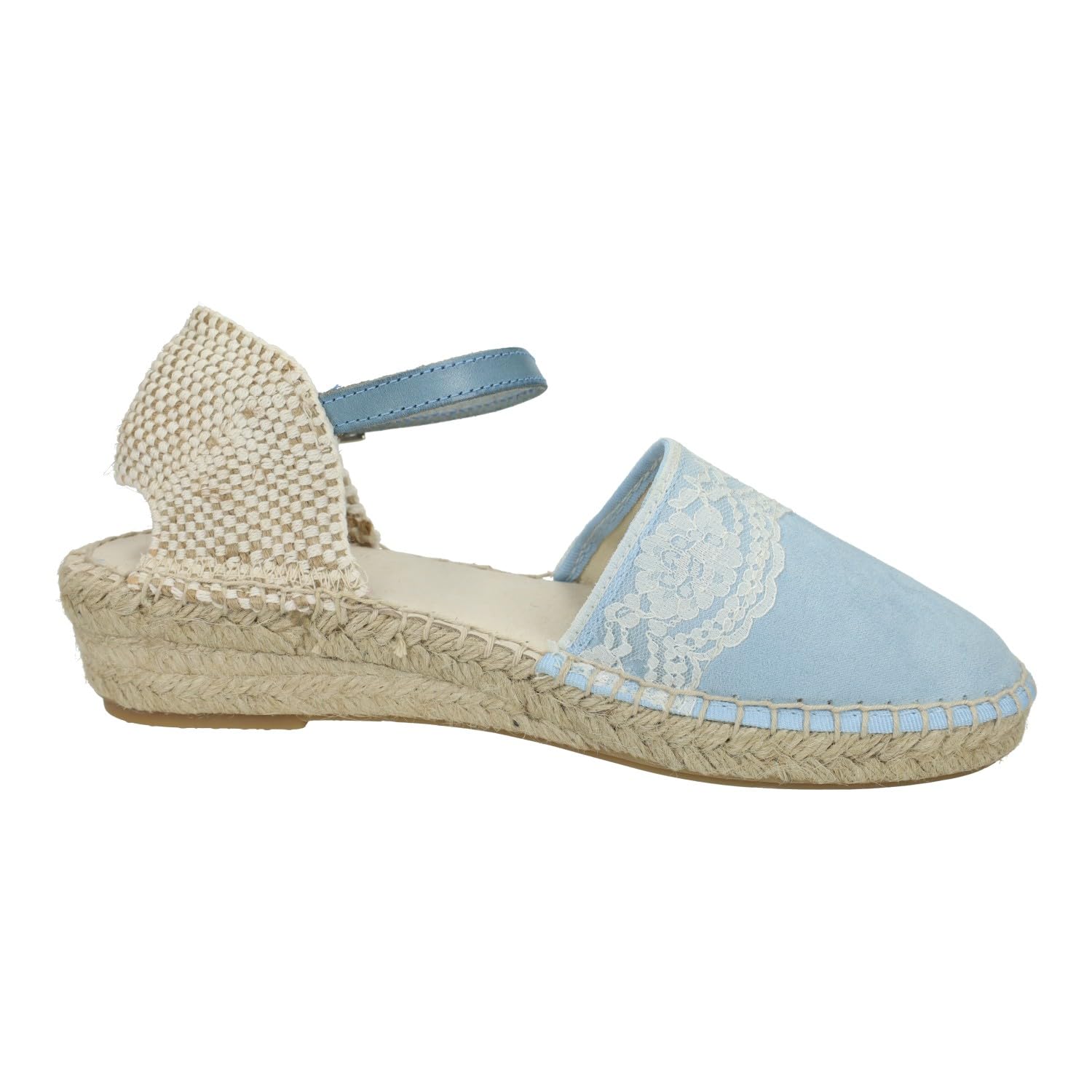 233 Esparteñas de Piel en Color Celeste para niñas, esparteñas de comunión Hechas en España, con Encajes al Frente NIÑA Zapato COMUNIÓN