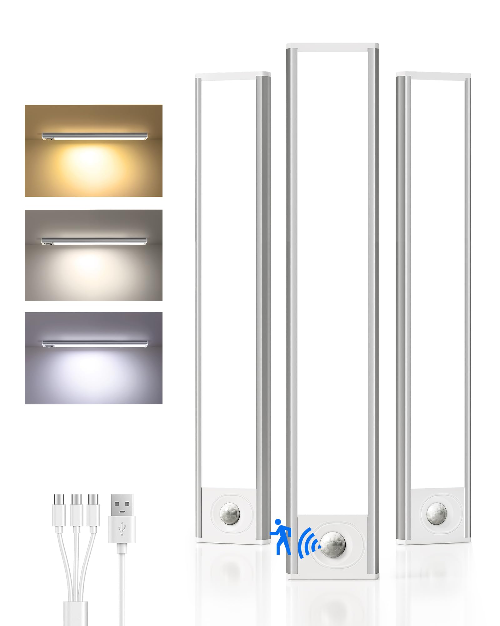 Iluminación para debajo del gabinete inalámbrica, batería recargable con sensor de movimiento, luces LED para armario, carga USB, 3 colores regulables, luces para debajo del gabinete para cocina,
