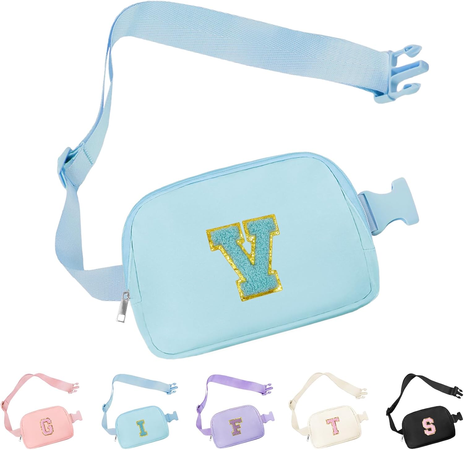 Chenille Letter Crossbody Bags for Women Trendy, Waterproof Fanny Packs for Women Cross Body, Initial Letter Belt Bag with Multiple Inner Pockets and Adjustable Strap(Blue V)