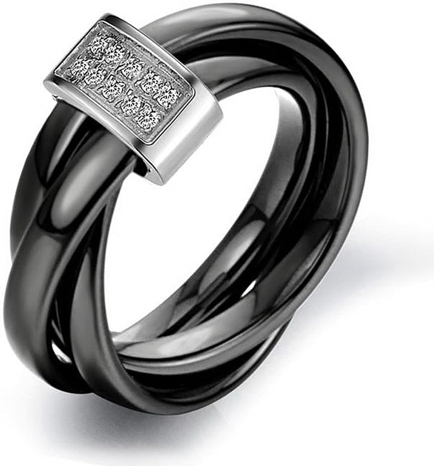 Triple Twisted Black Ceramic Ring Wedding Band With Crystal Drills Inlay Silver Color Sizes 6 To 9