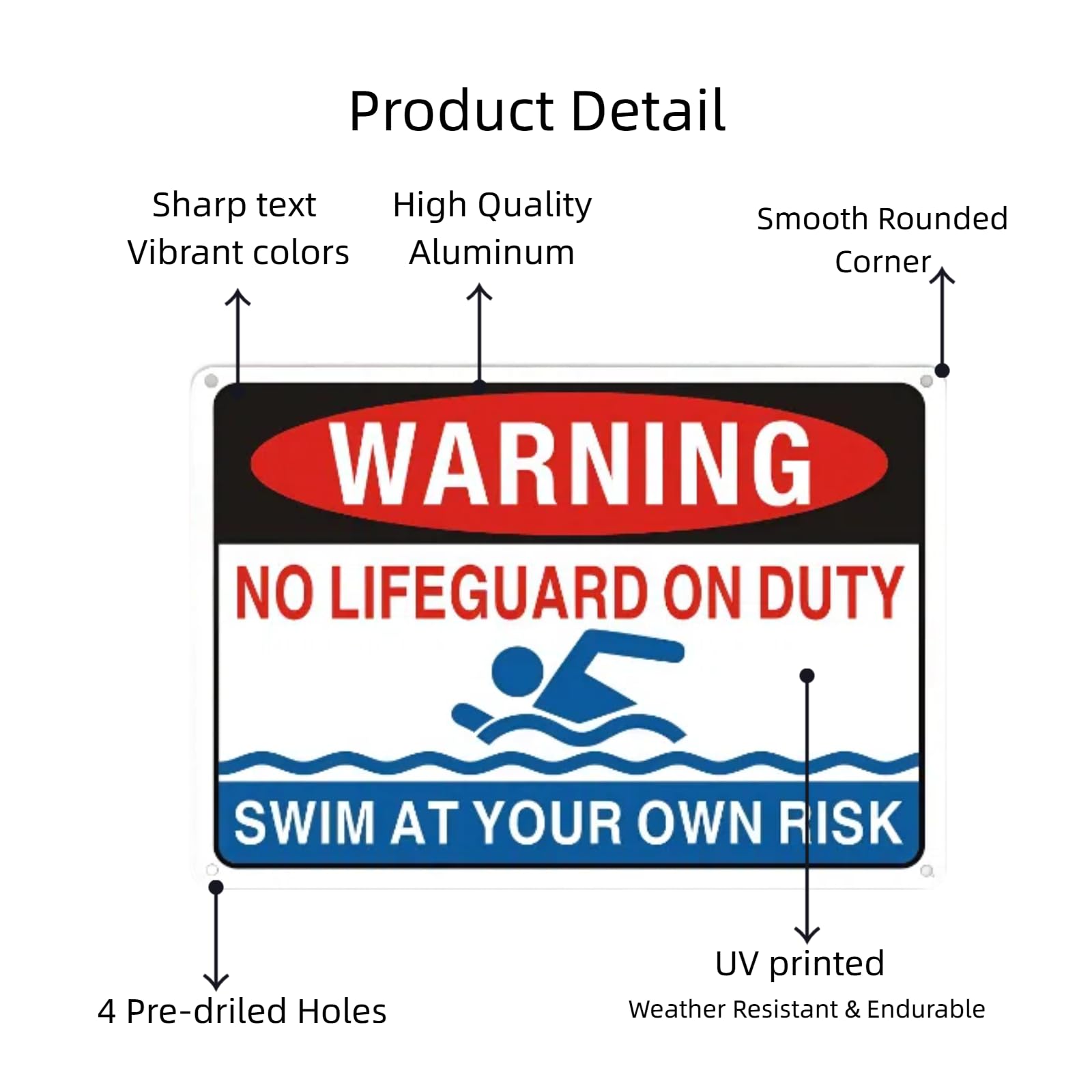 Panneau « No Lifeguard On Duty », 2 panneaux de piscine imprimés UV avec 8 attaches zippées, règle de piscine « Swim At Your Own Risk », aluminium durable, facile à installer