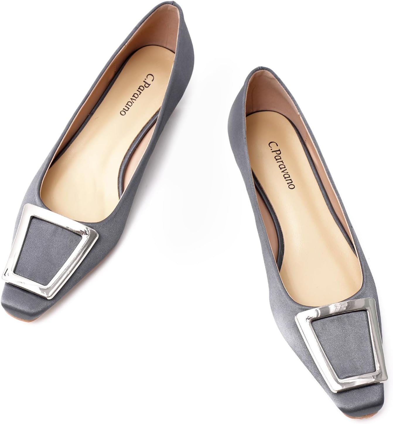 C.Paravano Chunky Low Heel Women's Square Toe Pumps Slip-On Closed Toe Low Heeled Pearl Ankle Strap Pumps Bridal Wedding Shoes 8.5 Darkgrey C8