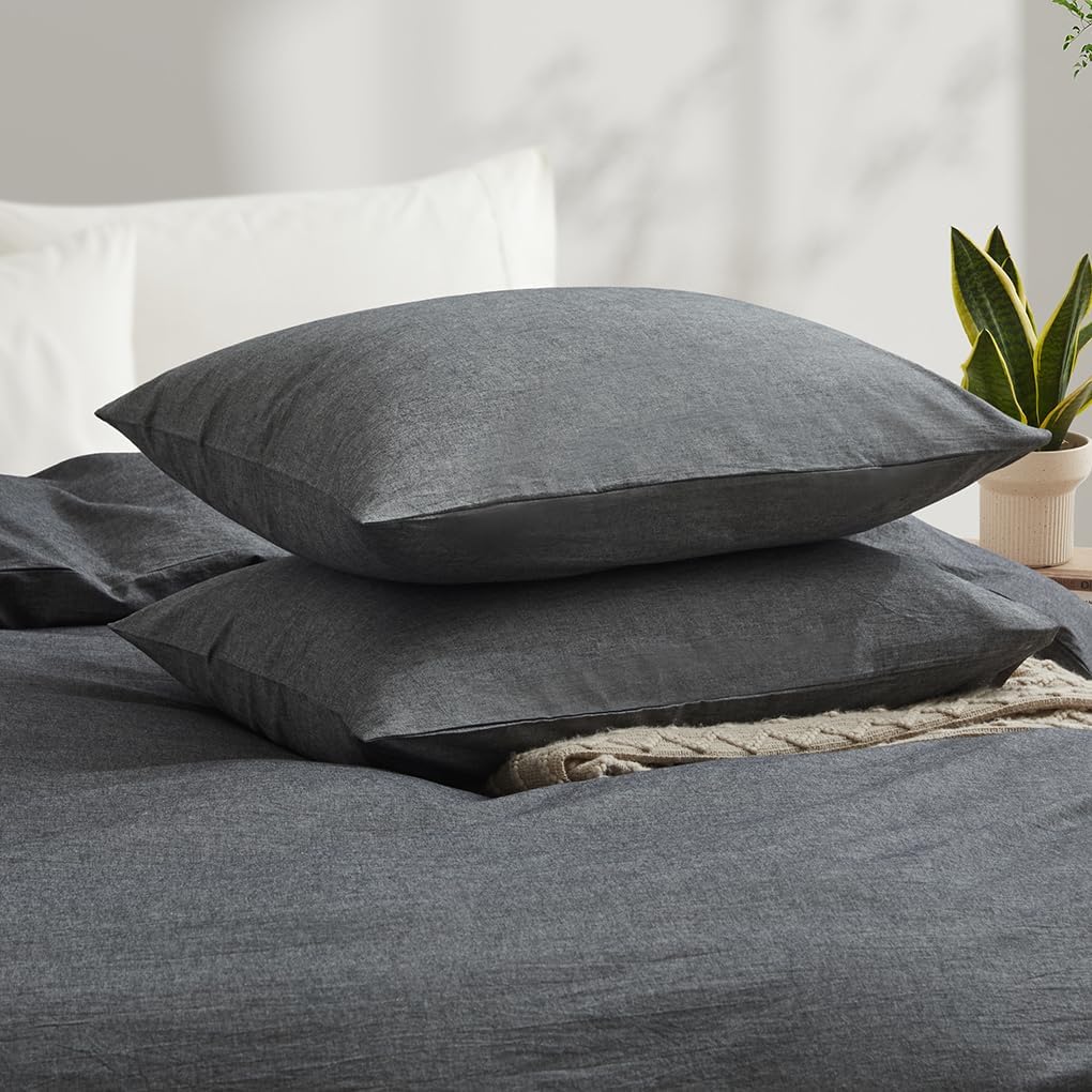 Condition photo showing New/Like New for lovque dark grey duvet cover full size, 100% washed cotton linen like bedding set with zipper closure (no comforter), 80x90 inches grey full