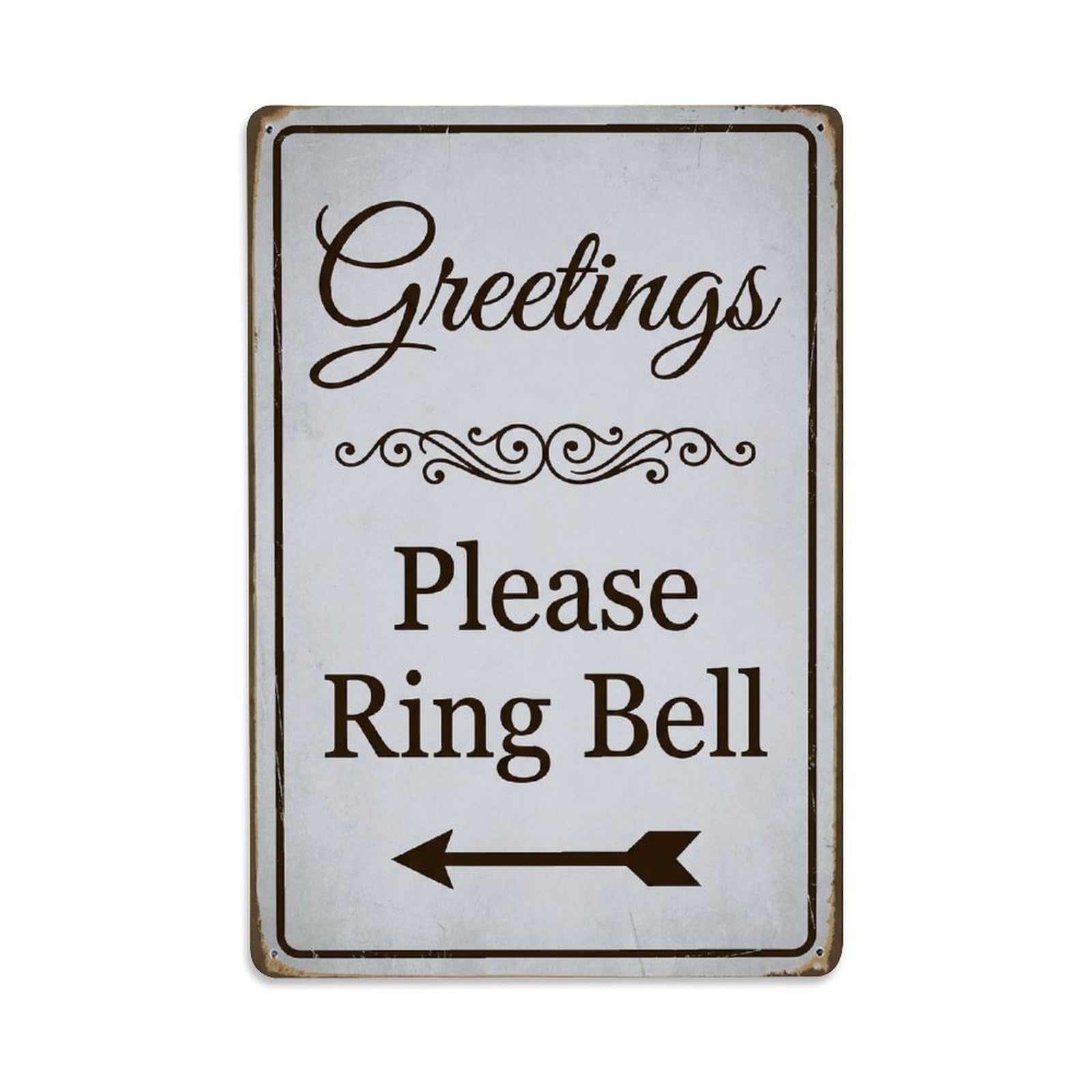 Vintage Greetings Please Ring Bell Arrow Scroll Metal Tin Sign