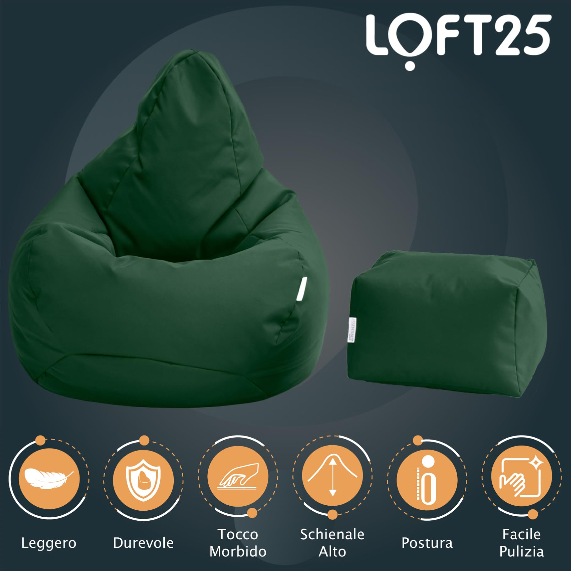 Loft 25 Sedia Gaming Bean Bag per Adulti | Seduta A Sacco per Esterni e Interni | Resistente all'Acqua Pouf | Puff Poltrona Sacco con Schienale (Bean Bag + Poggiapiedi, Verde)