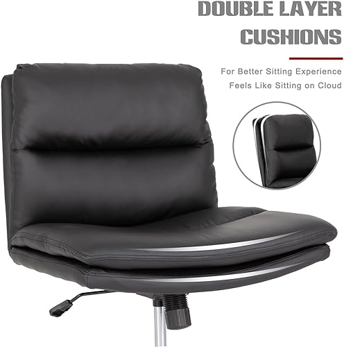 Miniatura 6 de Okeysen Silla cruzada con ruedas, asiento ancho sin brazos, patas cruzadas, cómoda silla de escritorio de oficina, silla de escritorio de piel