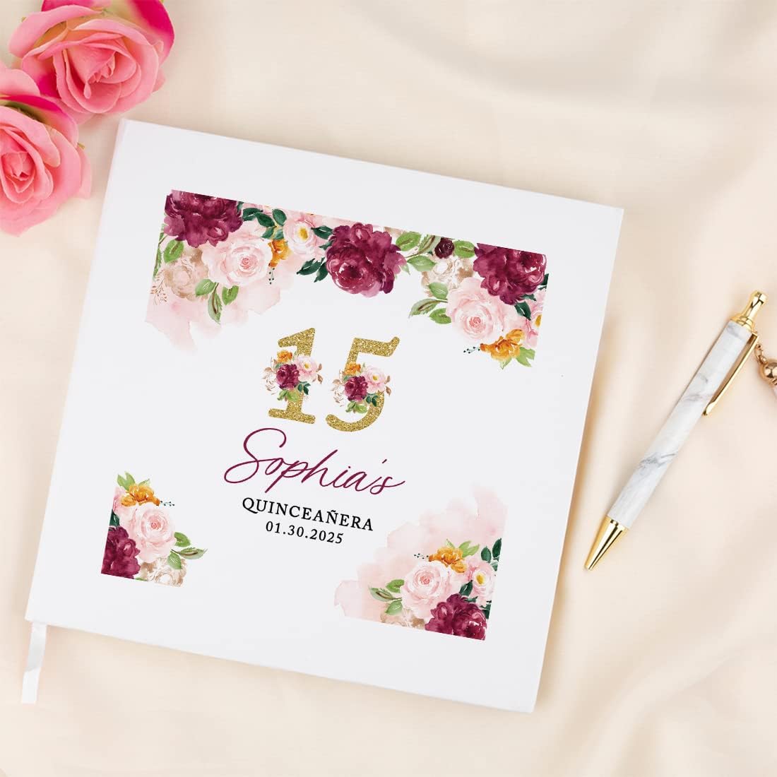 Andaz Press Personalized Quinceañera Guest Book with Gold Accents, Burgundy Blush Florals 120 Pages 8.5"x8.5" Hard Cover Photo Album for Mis Quince Años XV Sweet 15th Birthday Decorations, 1-Pack