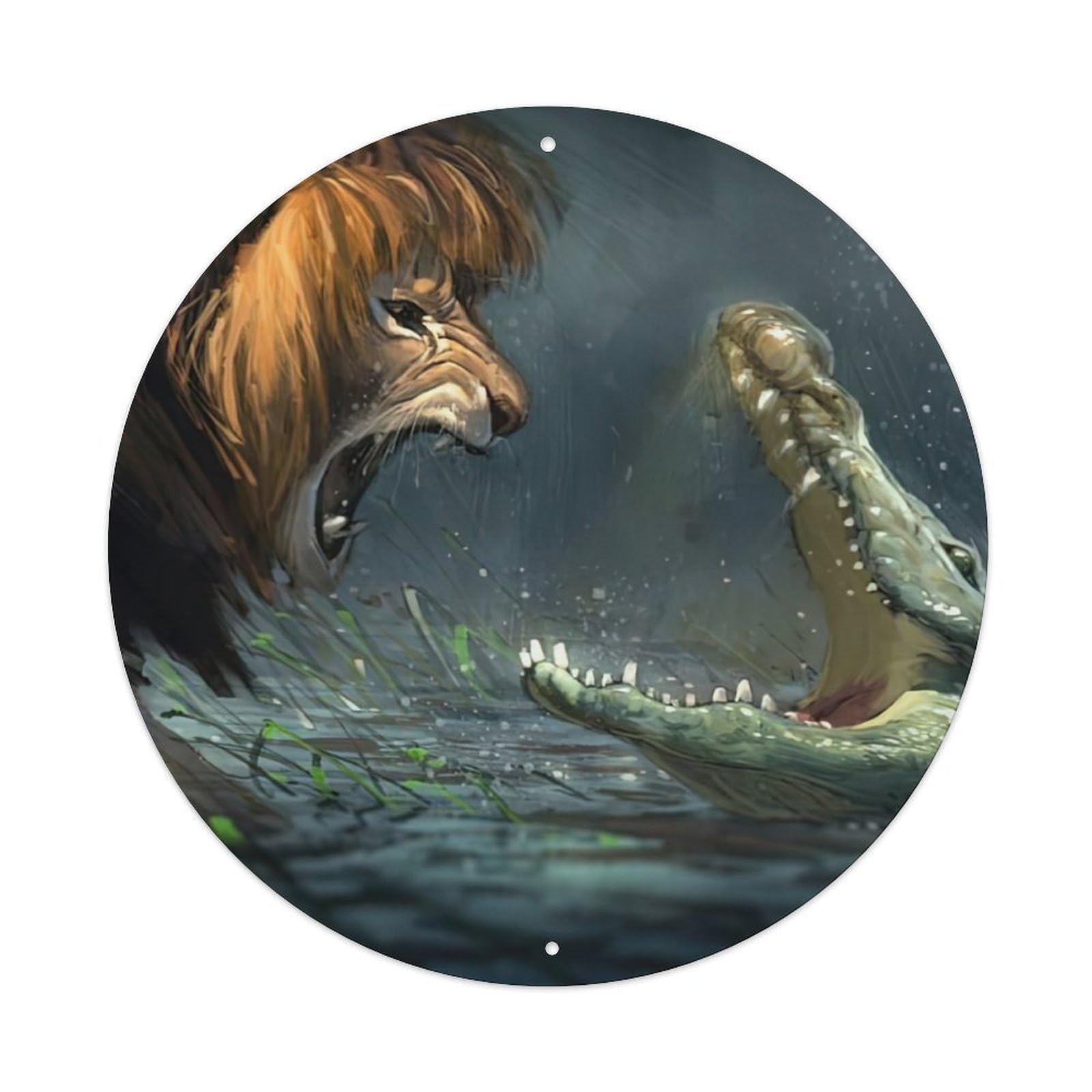 Animals Artwork Lion And Crocodile Fight Vintage Metal Tin Sign Plaque Wall Decor for Cafe, Club Bar, Office, Garden Metal Poster 8x8Inch