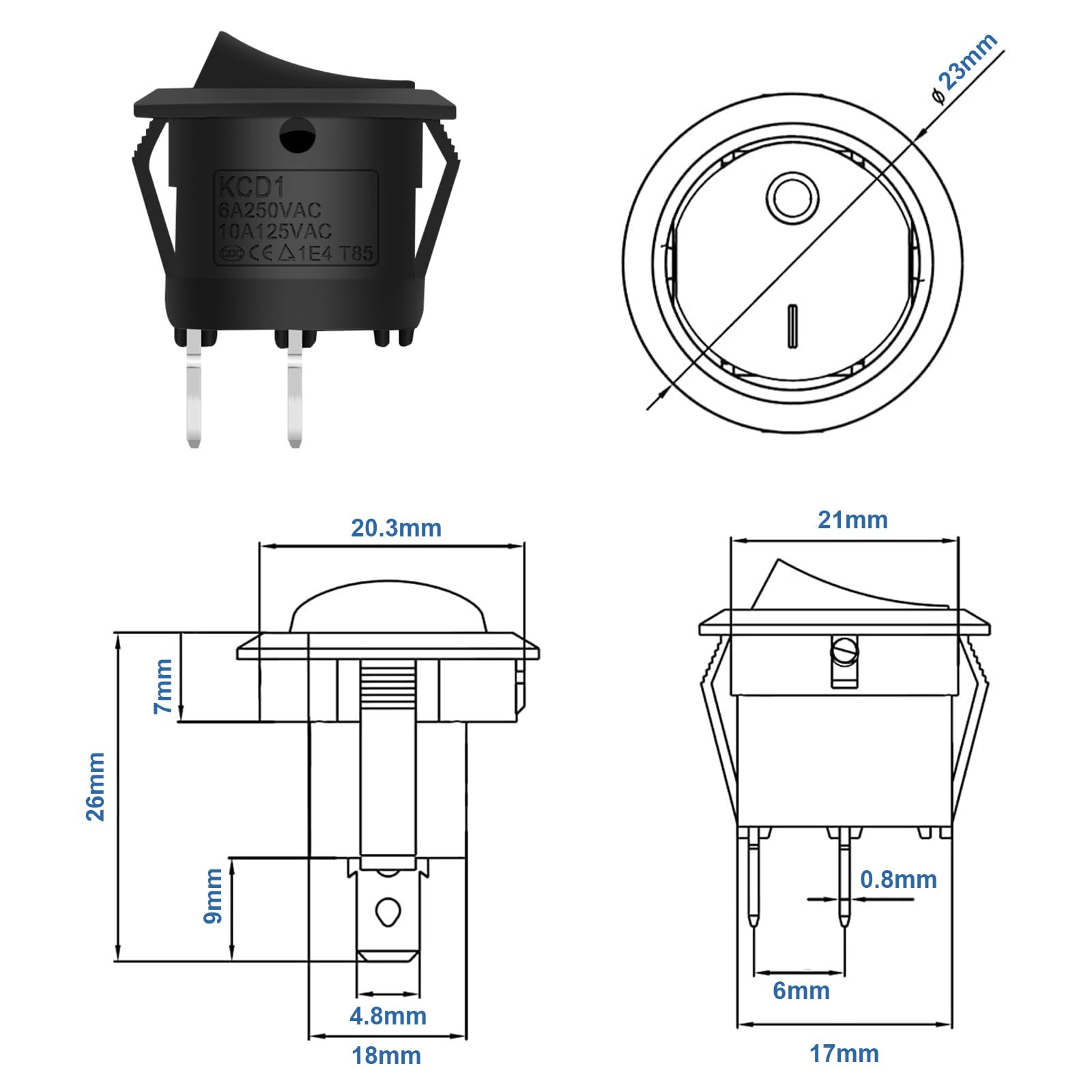 Mini interruptor de palanca redonda de 2 polos, interruptor de balancín ON/OFF, con autobloqueo, interruptor redondo, 10 A/125 V, 6 A/250 V, negro, para coche, barco, electrodomésticos