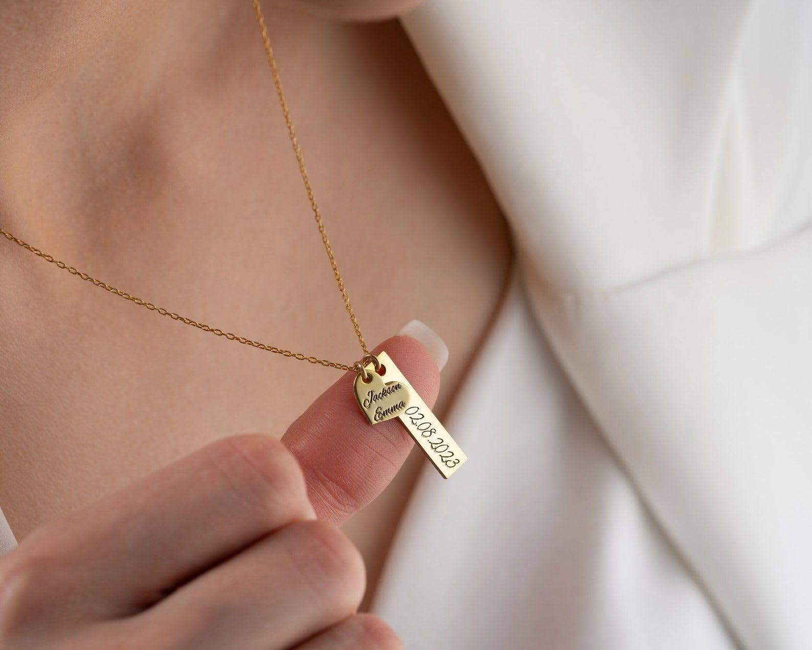 Personalizzato oro barra e cuore collana, nome barra argento con cuore famiglia data inciso