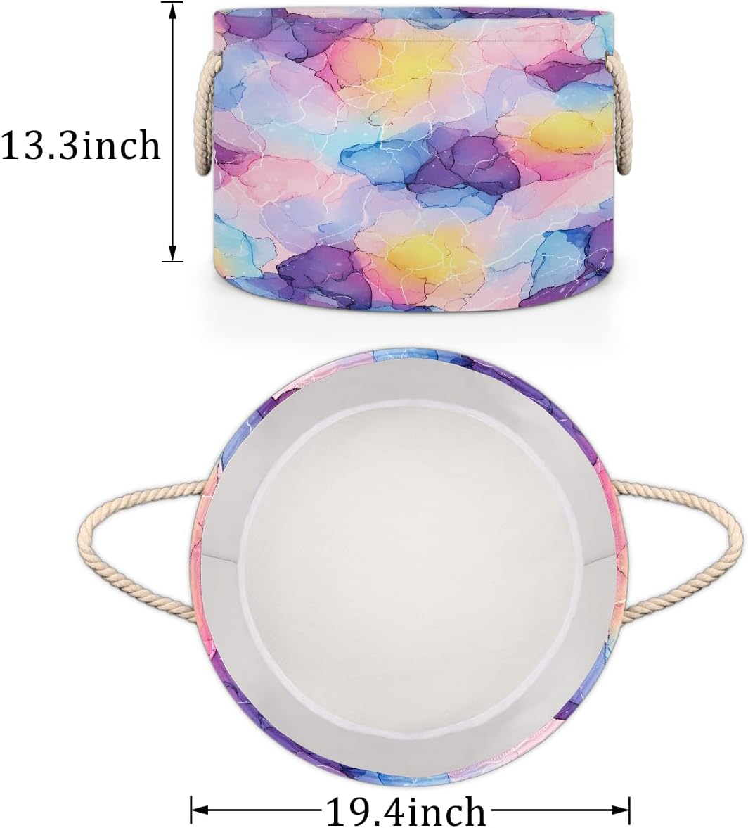 Large Storage Baskets - Rainbow Watercolor Blot Nursery Round Collapsible Organizer Bin Box, Laundry Hamper for Kids Toys, Blanket, Bedroom Living Room Home Decor, Gift Basket, 19.4"x13.3"