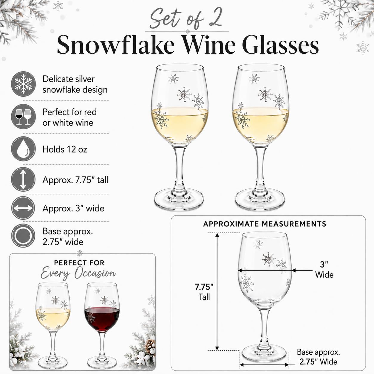 Bicchieri da vino con fiocco di neve – Calici da vino con steli di neve argentati stampati su ogni lato – Set di 2 – 19,7 cm di altezza – Capacità 350 ml