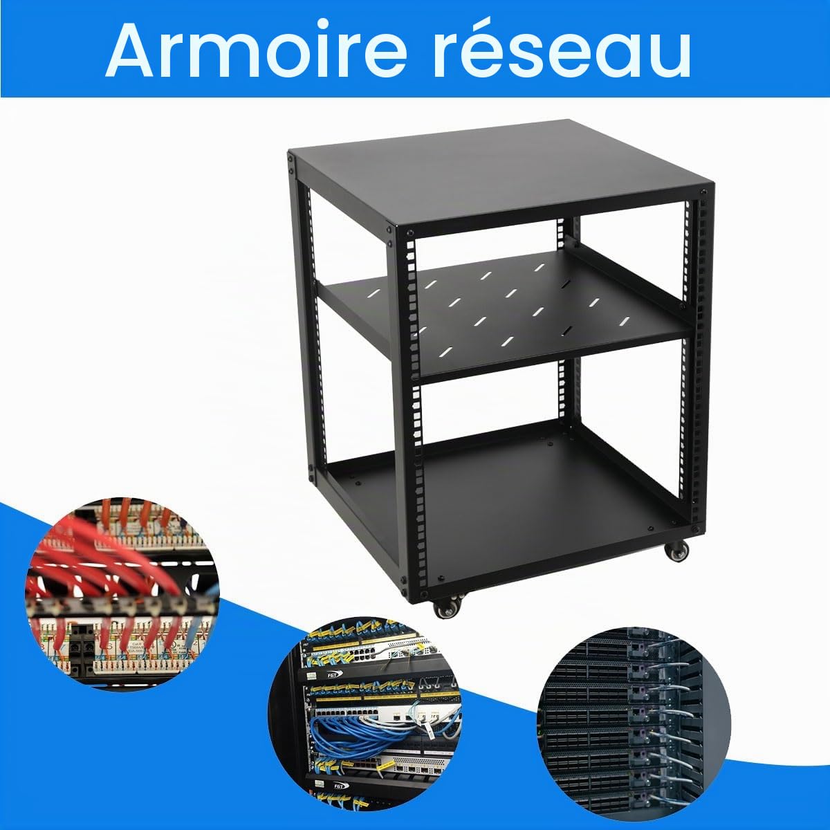 Rack de Serveur à Cadre Ouvert 12U Support de Serveur réseau autoportant, Universal 19 Pouces Rack Serveur Mobile avec 4 Roues pour équipement IT/réseau