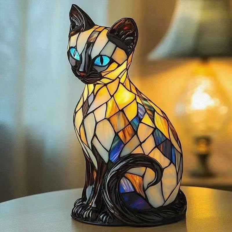 Cat Lamp, Stained Glass Lamp - 3D Decorative Resin LED Night Light with USB Power & Warm White Glow, Vintage Style Table Lamp for Desk, Bedroom - Unique Gift for Cat Lovers[Energy Class A] (B)