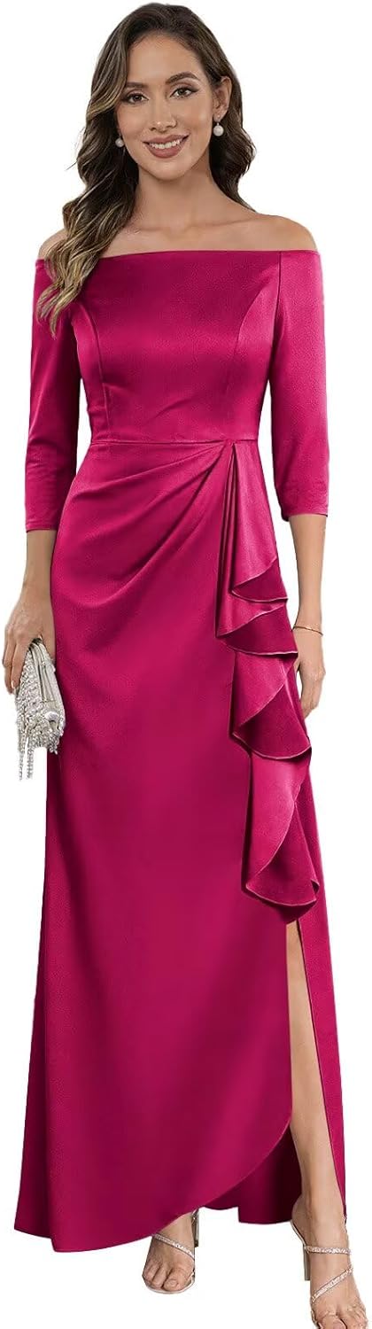 PAVERJER Long Sleeves Mother of The Bride Dresses for Women with Slit Satin Off The Shoulder Mermaid Long Evening Gowns