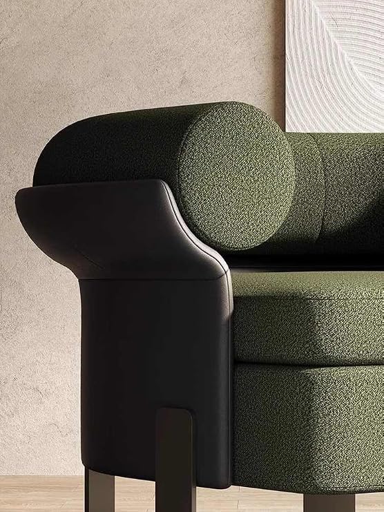 Modern Green Boucle Lounge Chair, Designer Single Armchair with Napa Leather Accent, Contemporary Minimalist Sofa for Living Room, Reception, Hotel Suite (Green)