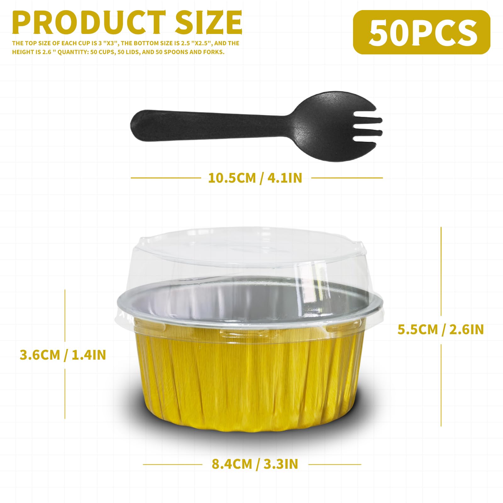 Graduation Party 50Pcs Mini Aluminum Foil Cupcake,5oz Baking Cups with Lids,Mini Cake Pans Disposable,Loaf Pans with Lids,Disposable Ramekins,Tin Cups Containers for Cupcake,Pudding,Muffin (Gold)