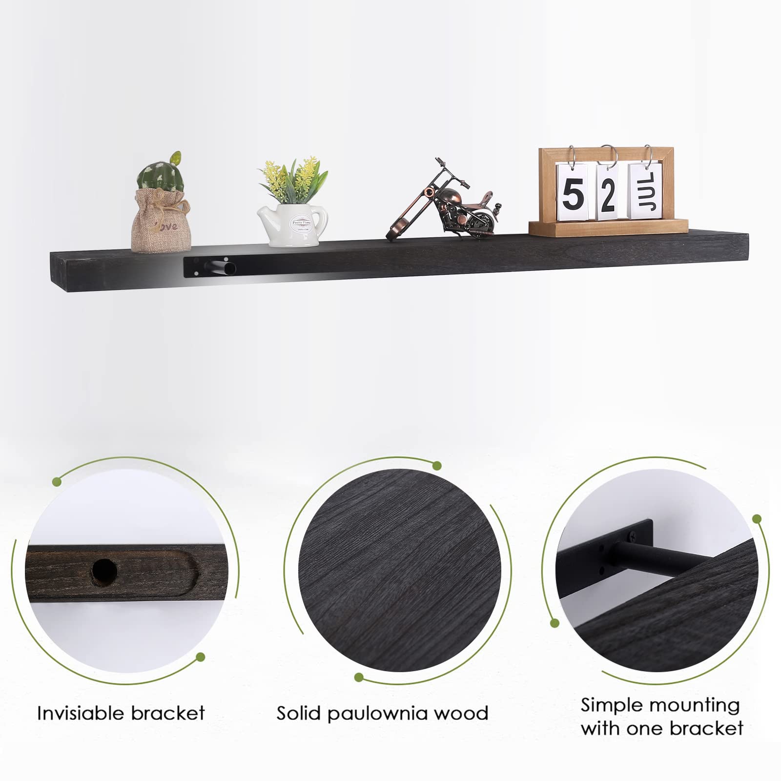 QTSARTISAN Rustic Natural Wood Floating Shelves Open Shelving Set of 2 - Rustic Shelf 36 inch - Wide Wooden Wall Shelves for Living Room Bedroom Kitchen Bathroom (Black, 36" x 7")