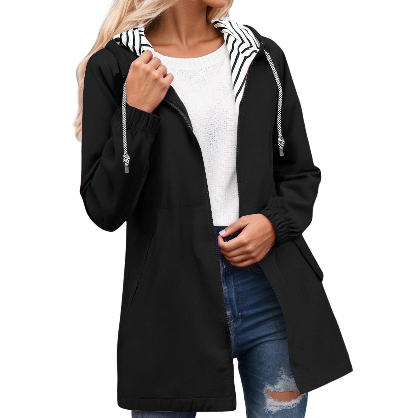 Veste Imperméable Femme Manteau Long Imperméable Trench Capuche À La Mode Coupe Vent Couleur Unie avec Zippé Veste De Sport Pluie D'extérieur Vetement Grande Taille