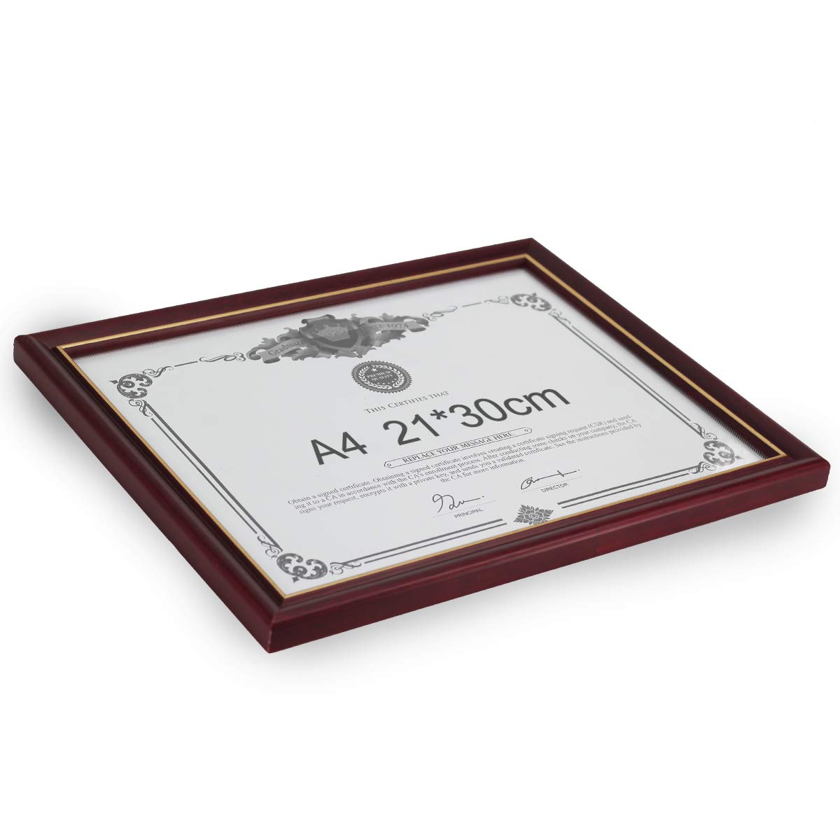 GraduatePro A4 Urkundenrahmen Dokumentenrahmen Mahagoni mit Goldener Rahmen Glas Wand & Tischrahmen