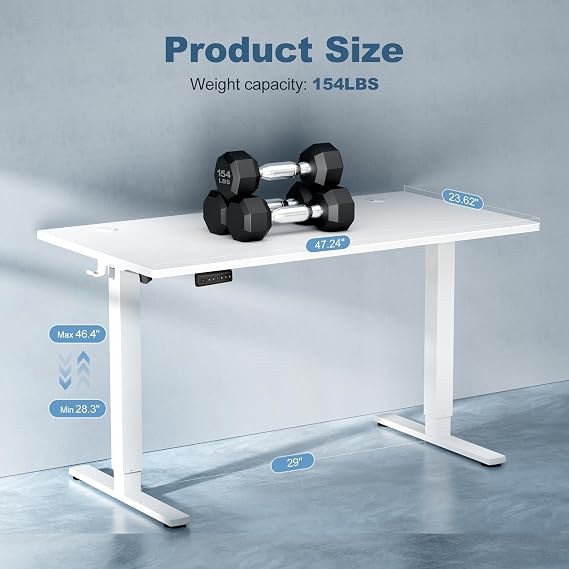 DUMOS 48 Inch Electric Standing Desk Height Adjustable, Sit to Stand Up Computer Workstations Work PC Table Home Office Study Writing Gaming Desks with Memory Presets for Walking Pad, Bedroom, White