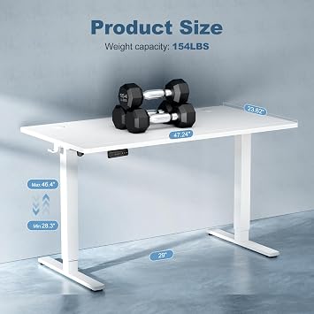 DUMOS 48 Inch Electric Standing Desk Height Adjustable, Sit to Stand Up Computer Workstations Work PC Table Home Office Study Writing Gaming Desks with Memory Presets for Walking Pad, Bedroom, White