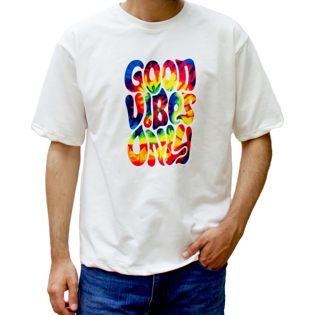 Silly PandaOff White Unisex Oversized 'Good Vibes Only' Printed T-Shirt - Retro Style, Premium Fabric 100% Cotton, Drop Shoulder Unisex T-Shirt