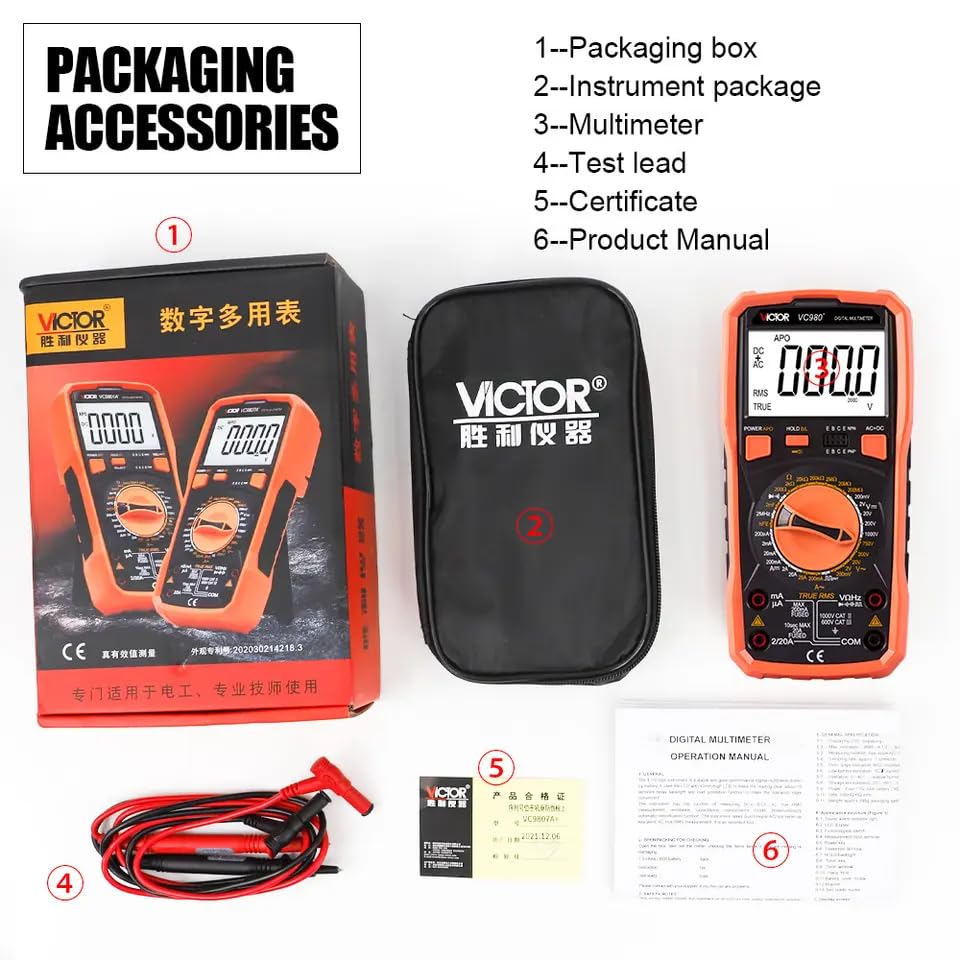 VICTOR VC980+ Digital Multi-Meter 19999 Counts Intelligent Protection Large capacitance and Resistance True RMS Backlight Tester(VICTOR VC980+)