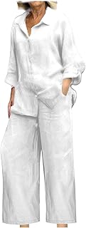 Linen Sets for Women 2 Piece - Womens Long Sleeve Button Down Shirts Summer Wide Leg Breathable Cotton Linen Pants Set
