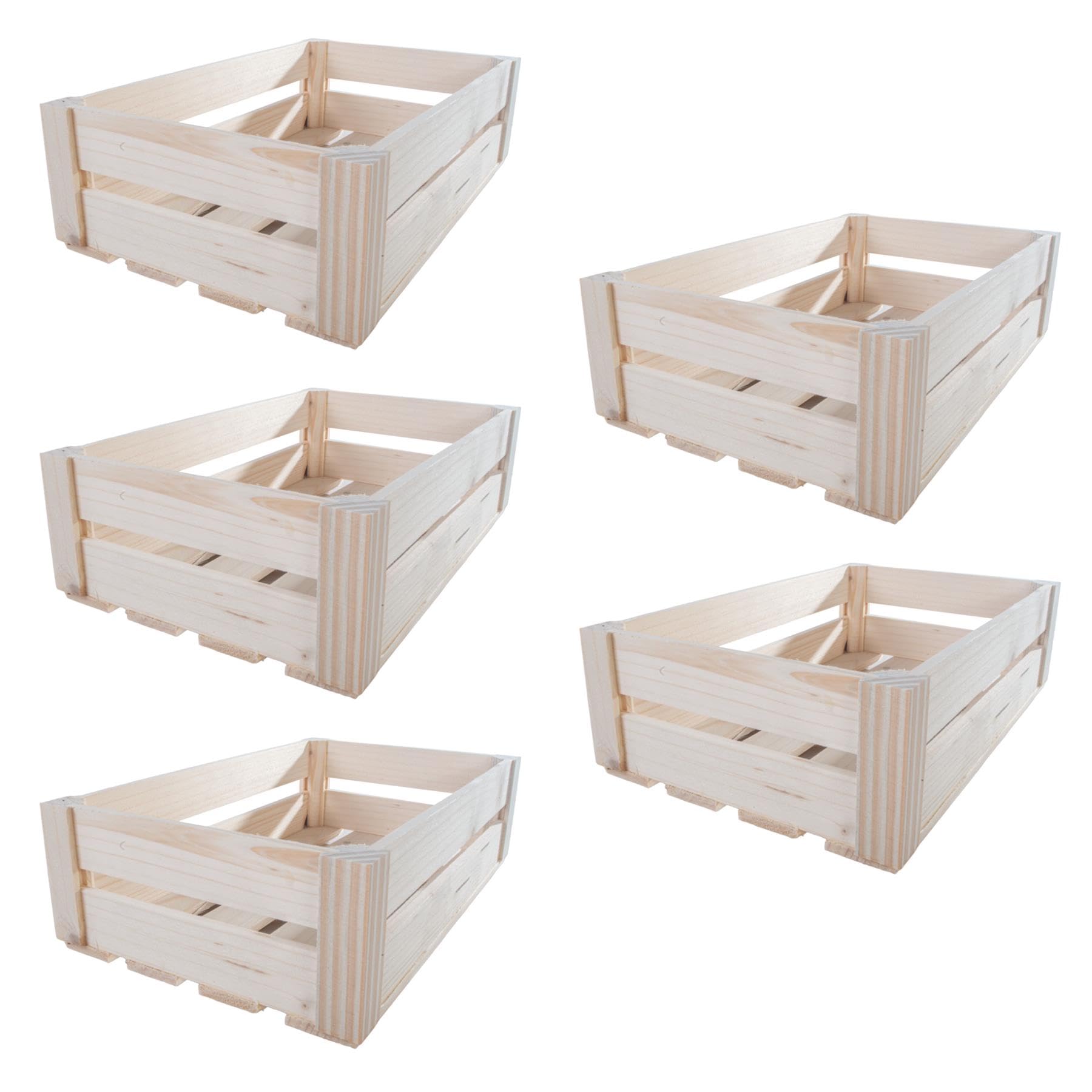 Woodeedoo Natural Wood Shallow Wooden Crate | 5 Pack | Slatted Presentation Storage Shelf Box | 28.5 X 17.5 X 8.5 Cm | Apple Fruit Display Hamper Plain Decorative Pine