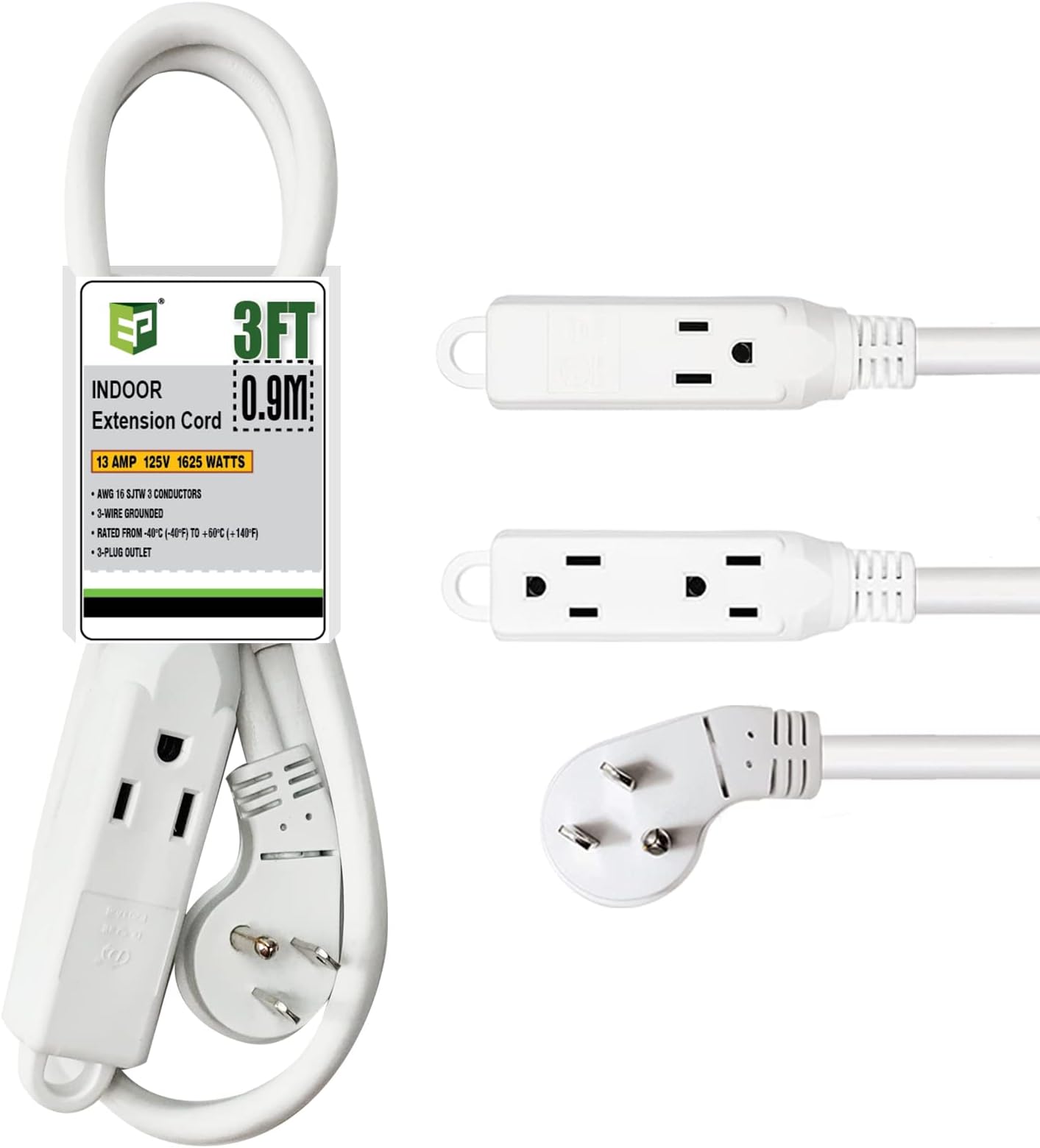 EP Low Profile 3 Ft Flat Plug Extension Cord - 16 AWG 3 Prong Grounded Cable with 3 Outlets, Perfect for Indoor Use, White