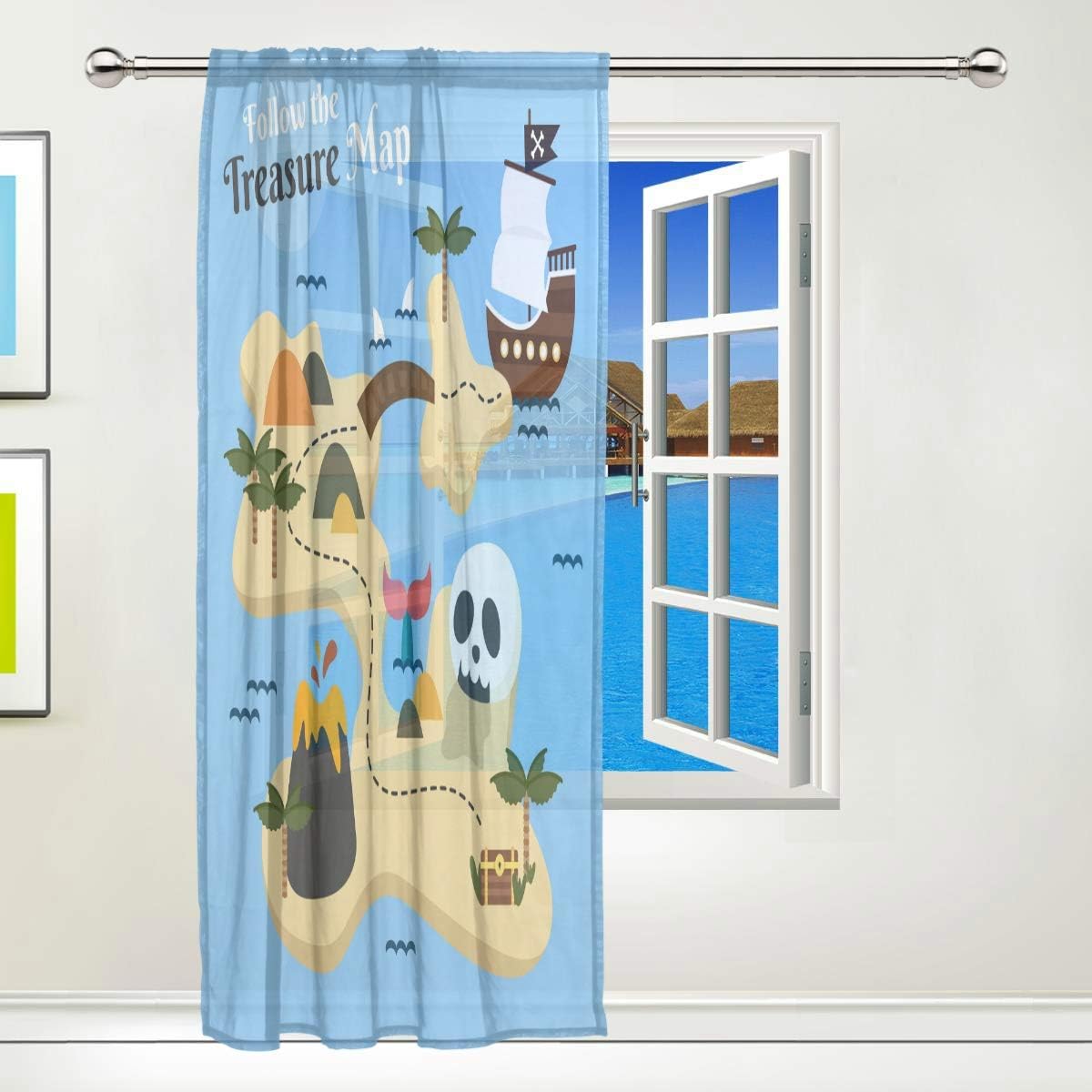 ISAOA Tulle Sheer Curtain,Pirate Treasure Map With Skull And Boat Window Curtain for Living Room/Bedroom Window Home Fashion & Decoration - Image 3