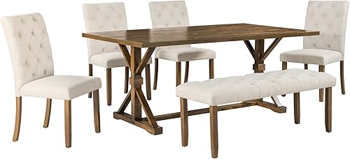 Miniatura 6 de Juego de mesa de comedor rectangular de madera de 6 piezas, mesa de comedor con 4 sillas tapizadas y banco, juego de 6 personas para cocina, comedor